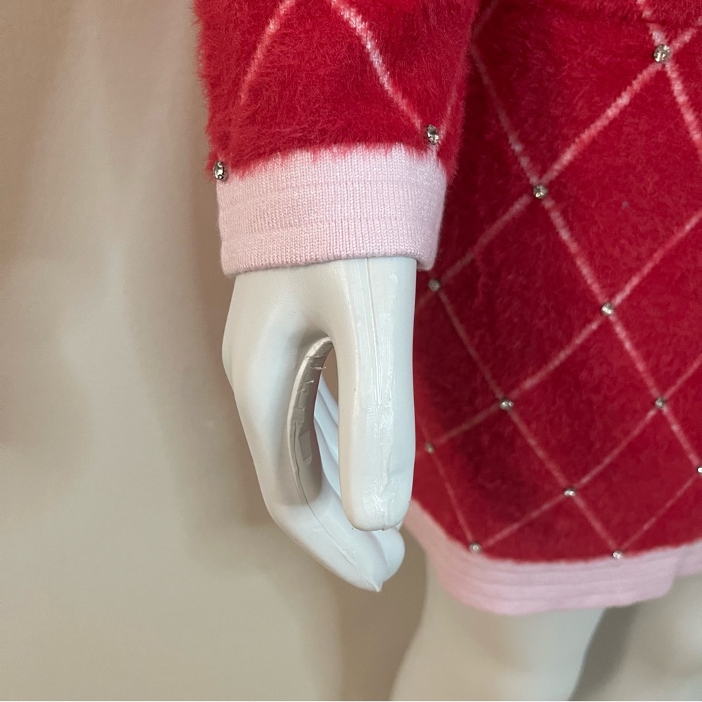 Red pink fuzzy sweater mini dress diamond pattern rhinestones details & pockets - Picture 7 of 10